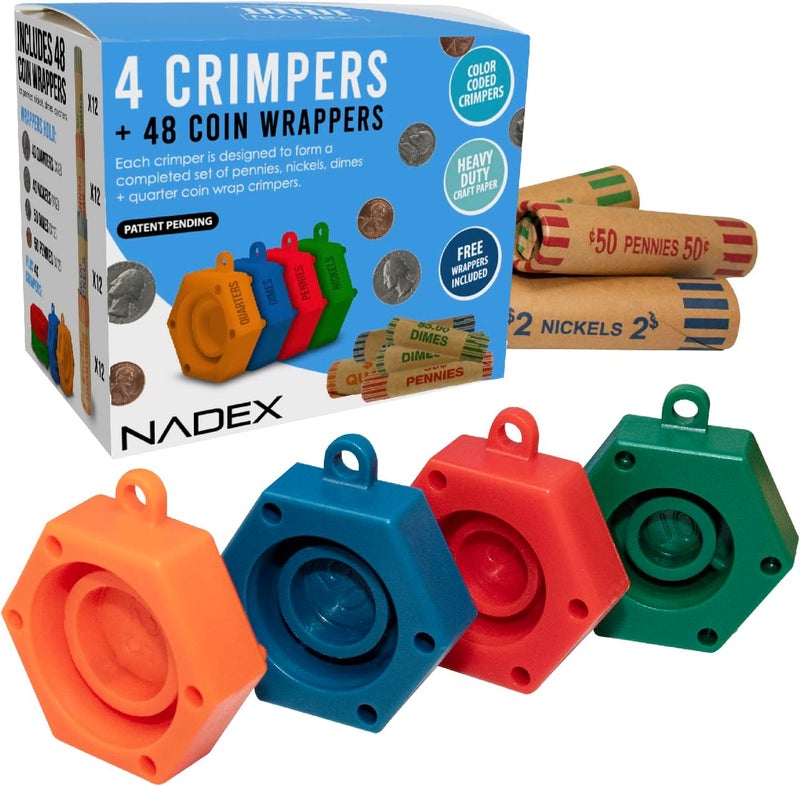 Nadex 48 Assorted Preformed Crimped End Coin Roll Wrappers with Color Coded Coin Wrapper Crimping Tool (Patent Pending), 12 Each of Nickels, Dimes, Pennies and Quarters - Image 1